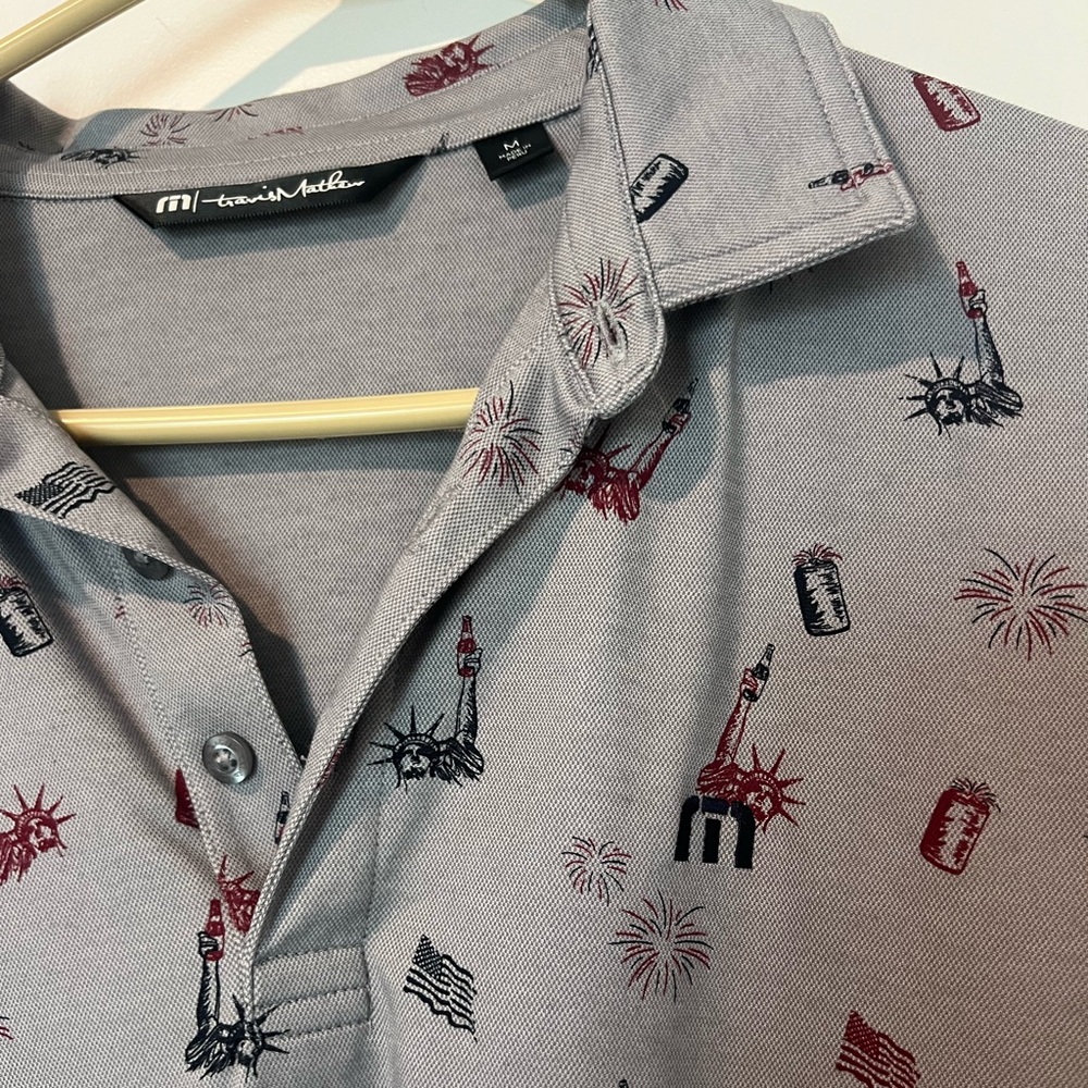 TravisMathew Justice In Beer Polo Mens M Gray Golf Shirt Patriotic Print - Picture 3 of 10